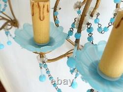 Antique PAIR Wall Light Aqua Blue Opaline Drop Cup Beads 1940 MURANO RARE Sconce