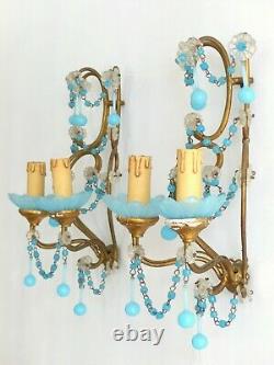 Antique PAIR Wall Light Aqua Blue Opaline Drop Cup Beads 1940 MURANO RARE Sconce