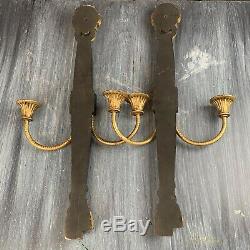 Antique Pair Architectural Victorian Gilded Gold Lion Head Candle Wall Sconce