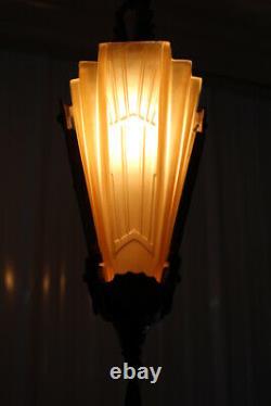 Antique Pair Art Deco Slip Shade Wall Sconce Light Fixture Electrolier Amber