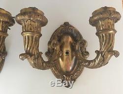 Antique Pair Beaux Arts French Wall Sconces Torch Flame Shade Sconce