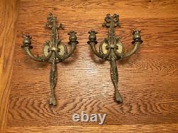 Antique Pair Brass Tassel & Bow Electric Powered Wall Sconces Made in Spain