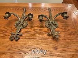 Antique Pair Brass Tassel & Bow Electric Powered Wall Sconces Made in Spain