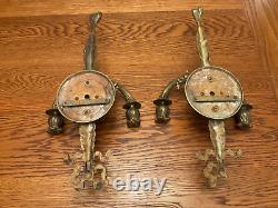 Antique Pair Brass Tassel & Bow Electric Powered Wall Sconces Made in Spain