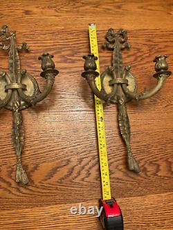 Antique Pair Brass Tassel & Bow Electric Powered Wall Sconces Made in Spain