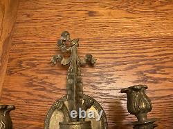 Antique Pair Brass Tassel & Bow Electric Powered Wall Sconces Made in Spain