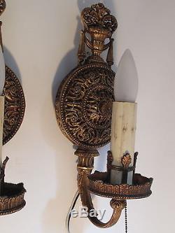 Antique Pair Bronze / Brass Wall Sconces Ornate and Fine Quality