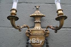Antique Pair Bronze Two Socket Wall Sconces Circa 1920's With Ram Head Details