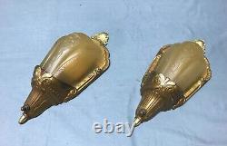 Antique Pair Cast Iron Gold Deco Interior Slip Shade Wall Sconces VTG 942-22B