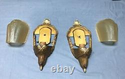 Antique Pair Cast Iron Gold Deco Interior Slip Shade Wall Sconces VTG 942-22B