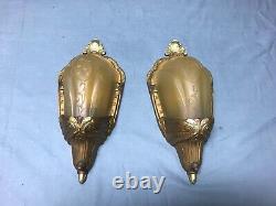 Antique Pair Cast Iron Gold Deco Interior Slip Shade Wall Sconces VTG 942-22B