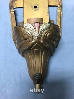 Antique Pair Cast Iron Gold Deco Interior Slip Shade Wall Sconces VTG 942-22B