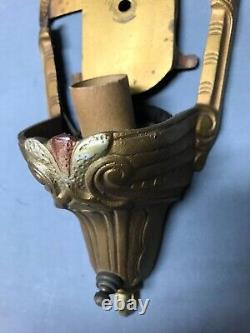 Antique Pair Cast Iron Gold Deco Interior Slip Shade Wall Sconces VTG 942-22B