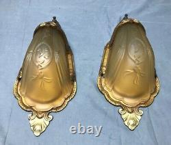 Antique Pair Cast Iron Gold Deco Interior Slip Shade Wall Sconces VTG 942-22B