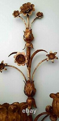 Antique Pair Florentine Tole Wall Sconce Carved Wood Gold Gilt Hollywood Regency