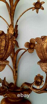 Antique Pair Florentine Tole Wall Sconce Carved Wood Gold Gilt Hollywood Regency