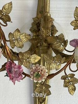 Antique Pair French Empire Bronze Brass Wall Sconce Sconces Porcelain Flowers