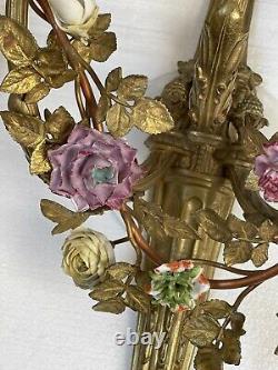 Antique Pair French Empire Bronze Brass Wall Sconce Sconces Porcelain Flowers