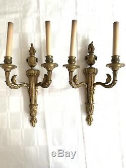 Antique Pair French Empire Regency Bronze Wall Sconces Torch