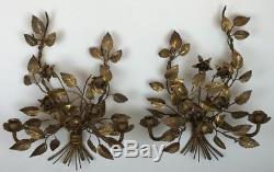 Antique Pair French Italian Florentine Gilded Roses Tole 4-Candle Wall Sconces
