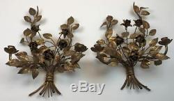 Antique Pair French Italian Florentine Gilded Roses Tole 4-Candle Wall Sconces