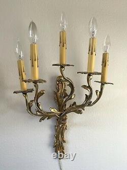 Antique Pair French Louis XV Rococo Bronze Brass 5 Arm Sconces Wall Lamps