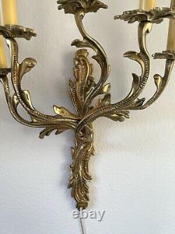 Antique Pair French Louis XV Rococo Bronze Brass 5 Arm Sconces Wall Lamps