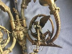 Antique Pair French Neoclassical Dore Bronze Figural Wall Sconces Goat Heads