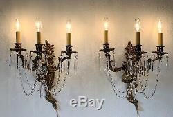 Antique Pair French Rococo Gold Bronze Brass 3 Arm Sconces w Prisms Wall Lamps