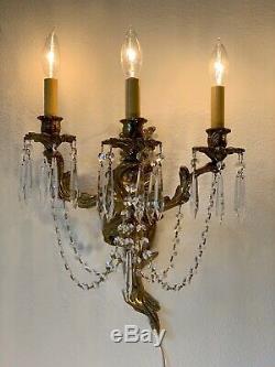 Antique Pair French Rococo Gold Bronze Brass 3 Arm Sconces w Prisms Wall Lamps