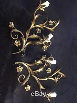 Antique Pair Italian Tole Gold gilt scrolled floral 2 Arm electric wall sconces