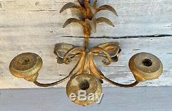 Antique Pair Italian Wheat Sheaf Tole Gold Gilt 3-Arm Wall Candle Sconces 1930s