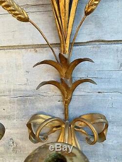 Antique Pair Italian Wheat Sheaf Tole Gold Gilt 3-Arm Wall Candle Sconces 1930s