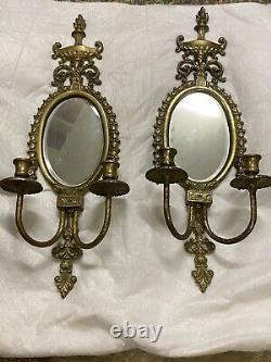 Antique Pair Large Ornate Brass Mirror 2 Candle Wall Sconce 23 Tall X 9 Wide