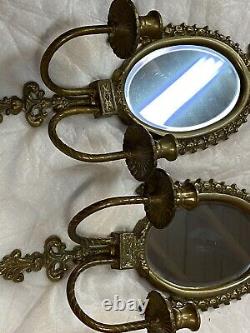 Antique Pair Large Ornate Brass Mirror 2 Candle Wall Sconce 23 Tall X 9 Wide