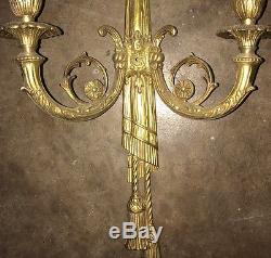 Antique Pair Of Gilt Bronze Bow And Ribbon Wall Sconce Light Fixture Very Tall