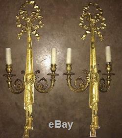 Antique Pair Of Gilt Bronze Bow And Ribbon Wall Sconce Light Fixture Very Tall