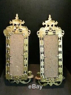 Antique Pair Of Gilt Finish Metal Double Candle Holder Wall Sconce Fish Mirrors