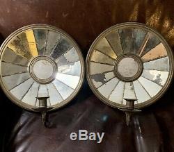 Antique Pair Tin Mirrored Candle Holder Wall Sconces Brass Holders Detailed Band