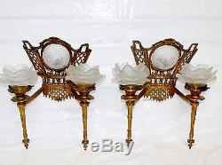 Antique Pair of Art Deco Gold Gild 3 Lamp Torch Frosted Flame Shade Wall Sconces