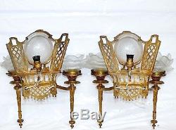 Antique Pair of Art Deco Gold Gild 3 Lamp Torch Frosted Flame Shade Wall Sconces