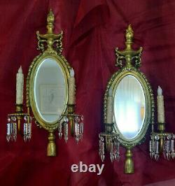 Antique Pair of Brass Crystal & Mirrored Candle Holder Wall Sconces 1940-50's