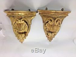 Antique Pair of French Clam Shell Carved Gilt Wood Sconce Wall Shelf Gold Gilt