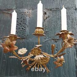 Antique Pair of Gilded Floral Candle Sconces French Brass Candle Wall Sconces