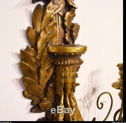 Antique Pair of Large Louis XVI Style Wall Carved and Gilded Sconces