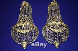 Antique Pair of solid Brass and Crystal wall sconces
