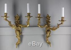 Antique Pr French Rococo Style Brass/bronze Ornate Wall Sconces Lights 20 H