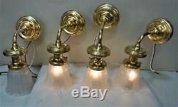 Antique Set Of 4 Polished Brass Wall Sconces With Clear Frost Glass Shades 1910c