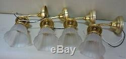 Antique Set Of 4 Polished Brass Wall Sconces With Clear Frost Glass Shades 1910c