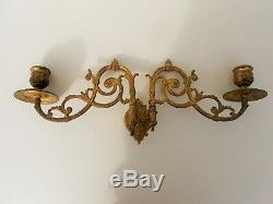Antique Solid Bronze Pair Gilded Piano Sconces Wall Candle Holder Victorian